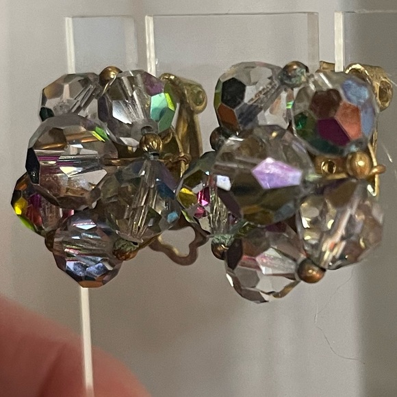 Vintage Art Deco AB Crystal Clip On Earrings - Picture 4 of 9